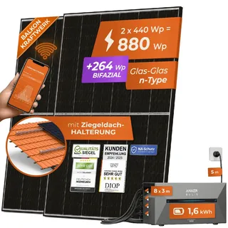 Solarway 880W Balkonkraftwerk 800W komplett Steckdose mit 1,6kWh Anker Solix Speicher - neuester Wechselrichter 800W - 440W bifaziale Solarmodule & Envertech & Anker Speicher & Zubehör