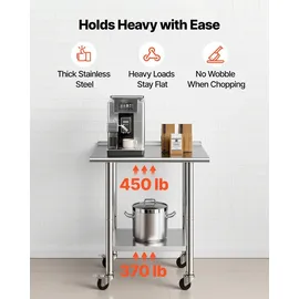 Vevor Edelstahltisch Gastro 762 x 610 x 894 mm, Verstellbarer Edelstahltisch mit Rollen, Aufkantung (30 mm), Arbeitstisch mit Grundboden für Restaurant Obere Ablage (204 kg) Untere Ablage (168 kg)