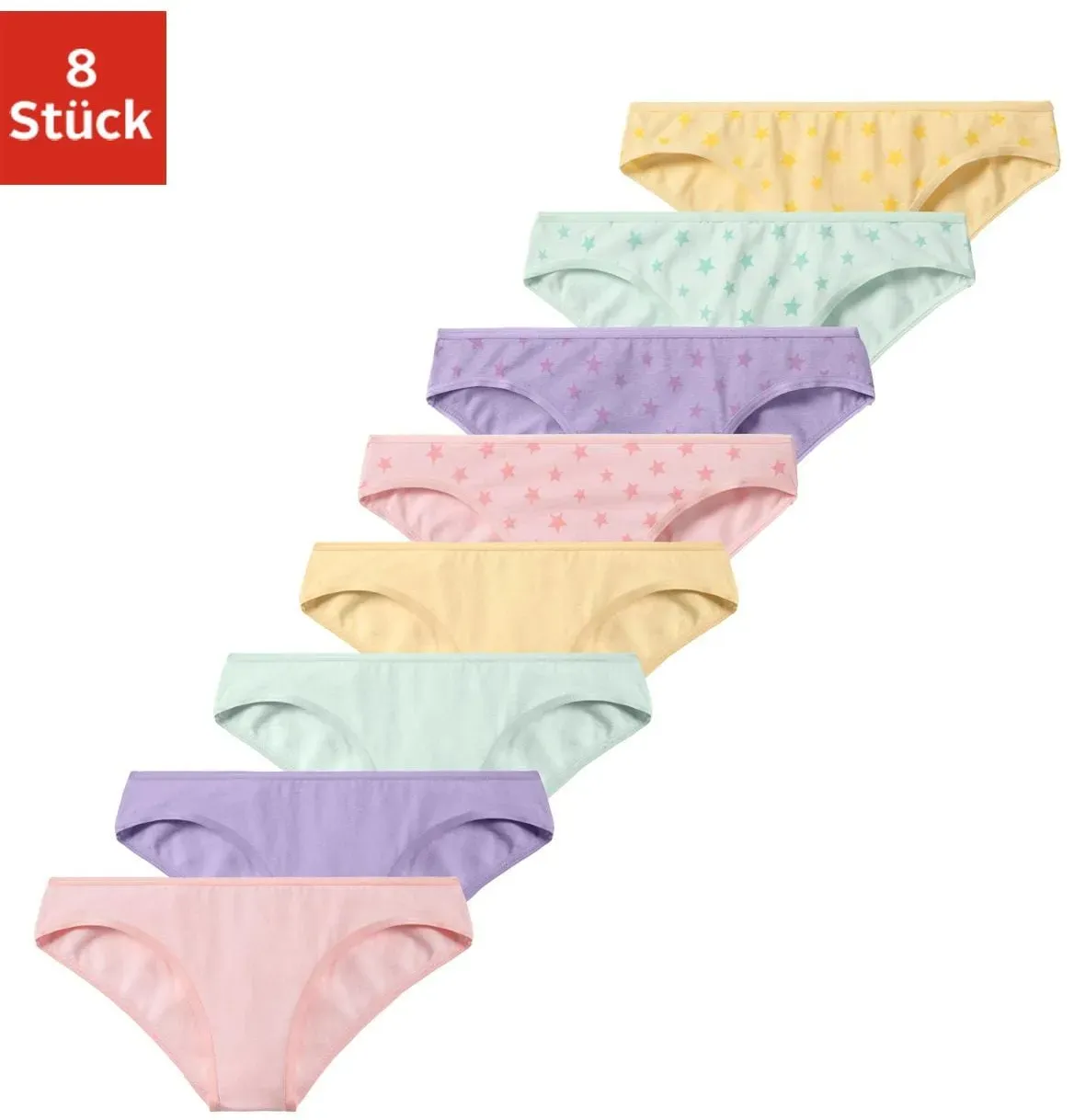 Bikinislip PETITE FLEUR, Mädchen, Gr. 98/104, 8 Stk., bunt (gelb, lila, mint, rosa), Jersey, Obermaterial: 95% Baumwolle, 5% Elasthan, bedruckt, unifarben, Unterhosen, mit Sternen-Print und unifarben
