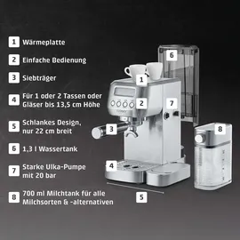 CASO Design Espresso Gourmet Latte Siebträgermaschine silber mit integriertem Milchbehälter