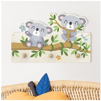 Bilderdepot24 Garderobenpaneel grau Tiere Bär Dschungel Wald Koala Set (Kindergarderobe Holz Kleiderhaken für die Wand inkl. Montagematerial), moderne Wand Garderobenleiste Flur - kleine Hakenleiste Kinderzimmer grau