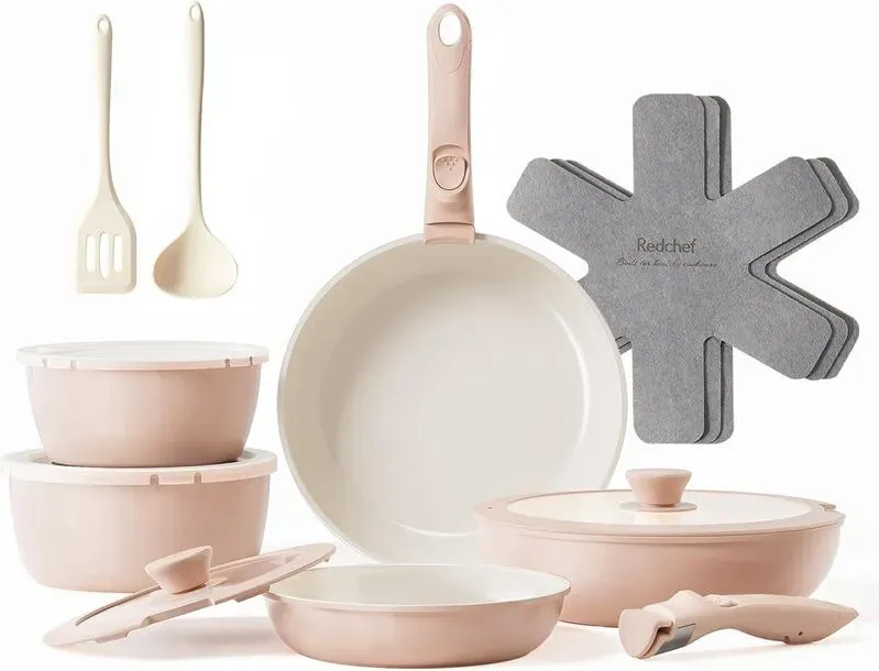 【super deal】Redchef 16-teiliges Kochgeschirr-Set aus Keramik mit abnehmbarem Griff, pink (außen) und weiß (innen), enthält 18 cm/20 cm Saucentöpfe und 20 cm/26 cm Töpfe, mit abnehmbarem Griff und Kochunterlage, frei von PTFE/PFAS/PFOA, spülmaschinengeeignet