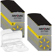 120x Rayovac Extra Advanced p10 Hörgerätebatterien 20x6er Blister PR70 Gelb 24610 + Aufbewahrungsbox für 2 Hörgerätebatterien (10, 13, 312, 675), Batteriebox für 2 Knopfzellen bis 12 mm x 6 mm (Ø x H)