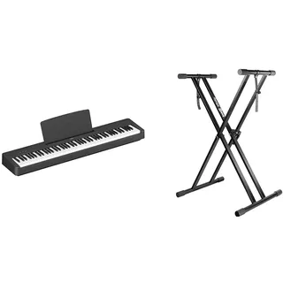 Yamaha P-145 Digital Piano, Schwarz & RockJam Xfinity Doublebraced Pre Assembled Keyboard Stand with Locking Straps