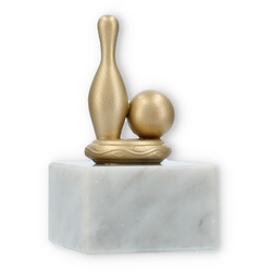 Pokal Metallfigur Kegel und Kugel goldmetallic auf weißem Marmorsockel 11,0cm