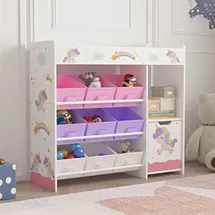 [en.casa] Kinderregal Søndreland 80 x 90 x 30 cm mit Einhorn Motiv lila-rosa