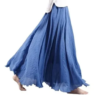 Damen Leinen Langer Rock Mode A-Linie Leinenrock Damen Kleidung Leinen Maxirock Langer Faltenrock Flowy Maxirock Strandrock, blau, 95 cm/37.4 in - 95 cm/37.4 in