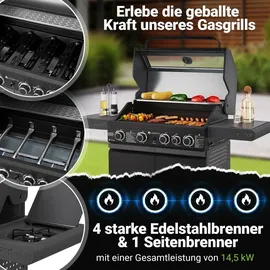 Juskys BBQ Gasgrill Savannah - 4 Brenner & 1 Seitenbrenner - Stahl Grill mit Gusseisen Grillrost,