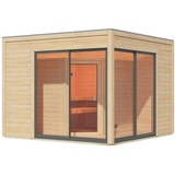 Woodfeeling Karibu Saunahaus Terning 3 mit Vorraum - 38 mm naturbelassen Set B (Sauna B 2,25 x T 1,9 m mit 3 Liegen 57/52 cm) Ohne Ofen inkl. gratis Zubehörpaket (Gesamtwert 191,92€)