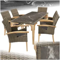 tectake® Rattan Möbel Set, 6X Stühle, 1x Tisch, modern, Korbsessel mit Armlehne, Esstisch Marmor Optik, Esszimmer Lounge Gartenmöbel für Balkon, Terrasse, Wintergarten, Outdoor Küche - Natur