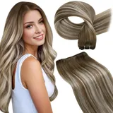 LaaVoo Tressen Extensions Echthaar Braun Haarverlängerungen Echthaar Tressen zum Einnähen Balayage Braun Gemischt mit Platinblond Echthaar Tressen 40cm 100G