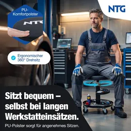 NTG Rollhocker Höhenverstellbar bis 55 cm – Werkstatthocker bis 100 kg mit 5 Rollen & Ablageschale – Drehhocker Werkstatt