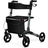 aktivshop Rollator faltbar und leicht mit Sitz, Leichtgewicht-Reiserollator aus Aluminium, Gehhilfe 8-fach höhenverstellbar, Laufhilfe 3-fach faltbar für Kofferraum, Tasche & Schirmhalter