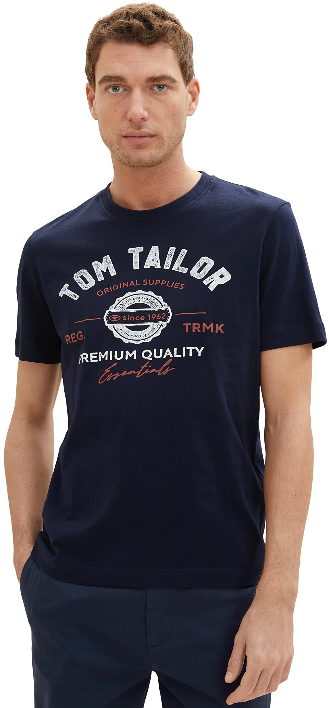 TOM TAILOR Herren T-Shirt mit Logo-Print aus Baumwolle, sky captain blue, XL