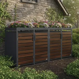 Zelsius Mülltonnenbox 4er mit Pflanzdach, Anthrazit RAL 7016, Tür in dunkelbrauner Holzoptik - Zelsius