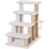 PawHut Haustiertreppe mit Kratzbaum Ball 4-stufige Katzentreppe Hundetreppe Tiertreppe Spanplatte Plüsch Jute Weiß 60 x 40 x 64 cm