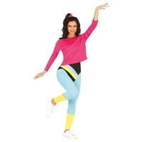 FIESTAS GUIRCA 80er Workout Aerobic Kostüm – 80er Jahre Sport Outfit mit pinkem Top und mehrfarbigem Training Anzug für Karneval Fasching Damen Größe M 36-38