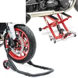 Set: Motorrad Hebebühne Midlift XL bis 500kg rot ConStands mit Vorderrad Montageständer Falcone-2 mit L-Aufnahme