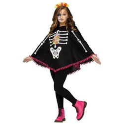 Fun World Kostüm Dia de los Muertos Poncho, Schwarzer Überwurf mit Skelett-und-Rosen-Druck schwarz
