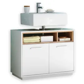 Stella Trading Waschbeckenunterschrank in Wildeiche Optik, Weiß Hochglanz - Bad Unterschrank Badezimmerschrank mit viel Stauraum - 80 x 64 x 40 cm (B/H/T)