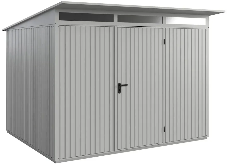 Hörmann Metall-Gerätehaus Berry mit Pultdach B 302 x T 238 cm (Typ 3), Motiv Classic (mit schmalen Lamellen), Einzeltür Türanschlag rechts, Weißaluminium (RAL 9006)