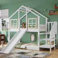 Flieks Etagenbett 90x200cm mit Rausfallschutz, Kinderbett Hausbett mit Rutsche, Hochbett mit Treppe und Lattenrost, Einzelbett Stockbett, Weiß - Weiß