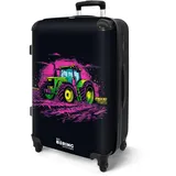 NoBoringSuitcases.com® Koffer Kinder Groß 67x43x25 cm Reisekoffer Kinderkoffer mit 4 Rollen Leicht Trolley Große M Hartschalenkoffer Flugzeug Traktor - Neon - Landwirtschaft