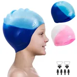 Alepo 2 Pack Badekappe Kinder Mädchen Jungen, Bademütze Langlebige Silikon Badekappe mit 3D-Ohrenschutz für Kleinkinder, schwimmkappe Lange Haare im Alter von 3–15 Jahren, Nasenclip-Blau