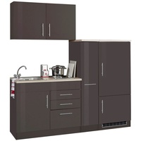 Singleküche Toronto 190 cm creme hochglanz mit Apothekerschrank Kühlschrank Kochmulde und Einbauspüle in Edelstahl