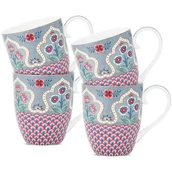 Becher PIP STUDIO "Flower Festival - Kamm Deko", blau, B:13,7cm H:11,1cm Ø:9,4cm, Porzellan, Trinkgefäße, Kaffeetassen im 4er-Set, Blumenfest, mit Kamm Deko, 450 ml