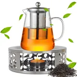 Umllpet Teekanne Glas mit Siebeinsatz,(1,3L) Teebereiter Glas mit Stövchen Edelstahl Teewärmer Teekanne Suit Tee Set Kaffeekanne Teesieb Kanne für Tee Stövchen aus rostfreiem für Kochender Tee