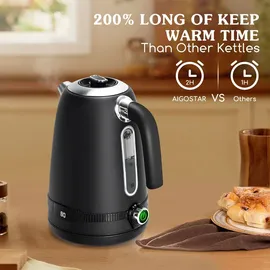 Aigostar - 1,7 Liter 2200W Digitaler Edelstahl Wasserkocher mit Temperatureinstellung 40-100°C, Schwarz - Schwarz