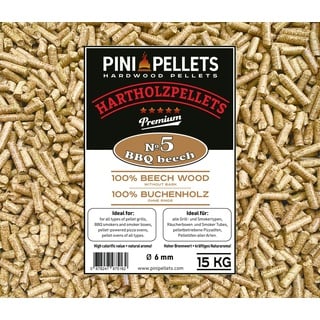 PINI Hartholz Pellets 100% Buche BBQ Beech 15 Kg Grillpellets zum Grillen Räuchern Smoken