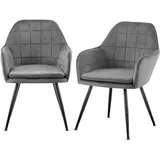TRISENS Esszimmerstühle Steppoptik Loungesessel mit Armlehnen gepolsterte Küchenstühle mit abgestepptem Samtbezug Stühle mit Metallgestell, Farbe:Hellgrau, Menge:2 St.