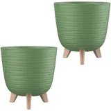 Engelland - 2 x Blumentopf mit Füßen & Bewässerungssystem, Moos-Grün, Ø 24 cm, Pflanzkübel, Übertopf, Wellenmuster, Innen- & Außenbereich, Drainagesystem & Wasserspeicher, rund, Kunststoff