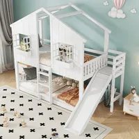 Merax Hochbett 90x200cm, Kinderbett Etagenbett mit Rutsche, Hausbett mit Rausfallschutz und Leiter, Bettgestell mit Fenster & Dach, Baumhausbett für Mädchen & Jungen, Kiefer+MDF, Ohne Matratze, Weiß