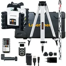 LASERLINER Rotationslaser mit Stativ & Nivellierlatte, rot, Quadrum Compact 210S Set, Roter 360 Grad Laser, Arbeitsbereich 200m,