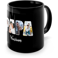 PhotoFancy® - Fototasse 'PAPA' - Personalisierte Tasse mit eigenem Foto und Text selbst gestalten - Schwarz glänzend