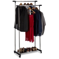 relaxdays Garderobenständer Rollgarderobe mit 2 Kleiderstangen schwarz|silberfarben
