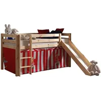 Lomadox Hochbett PINOO-12 Zirkus incl. Rutsche in Kiefer massiv natur lackiert 210/114/218 cm braun