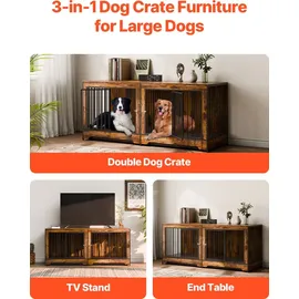 Vevor Hundekäfig Möbel für 2 Hunde, 1901 x 670 x 824 mm Doppel-Hundebox für große Hunderassen mit Trennwand & Doppeltüren, Hundehaus aus Holz, Beistelltisch für mittelgroße und große Hunde, Braun
