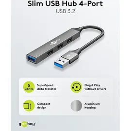 goobay Slim 4-Port USB-Hub, USB-A auf USB-A, USB 3.2 - USB-A-Stecker (USB 3.2) > 1x USB-A-Buchse (USB 3.2), 3x USB-A-Buchse (USB 2.0)