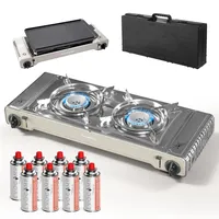 Gaskocher 2-flammig, Campingkocher mit Grillplatte, Gasherd mit Tragekoffer & Piezozündung, Doppelgaskocher für Gaskartuschen MSF-1A, Outdoor Campingkocher, 2x2,2 kW Leistung, mit 8 Gaskartuschen 227g