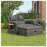 Yemaster Doppelliege Garten-Lounge-Sessel-Set aus grauem Rattan für 2 Personen, verstellbare Rückenlehne (3 Stufen), mit Stauraum im Fußhocker, wetterfest, inkl. abnehmbarer Sitz- und Rückenkissen, Outdoor-Sofa und Fußhocker grau