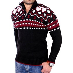 Reslad Strickpullover Reslad Herren Strickpullover Crewneck Zipper Norweger Pullover RS-3110 (1-tlg) Strickpullover Männer Norwegermuster Troyer rot|schwarz XXXL
