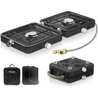Fiutazge 2-in-1-Gascampingherd, Campingkocher mit Grillplatte & Tragetasche, Gaskocher 2 Flammig mit Piezo-Zündung, Collapsible & Tragbare für Camping, Wandern & Notfall-Kochkocher