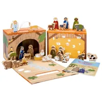 yoamo Adventskalender Spiel-Krippe für Kinder inkl. Adventskalender mit 24 Holzfiguren (27-tlg), hochwertigem Spielkoffer und Weihnachts-Geschichte 27-teilig (1 Set) bunt