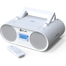 Klim Boombox B4 Radio mit CD Player + AM/FM Radio, MP3, Bluetooth, AUX, USB + tragbarer CD Spieler mit kabellosem Modus und aufladbaren Akku weiß