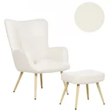 Beliani Ohrensessel VEJLE Bouclé 70 x 100 x 80 cm Cremeweiß mit Hocker