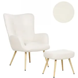 Beliani Ohrensessel VEJLE Bouclé 70 x 100 x 80 cm Cremeweiß mit Hocker